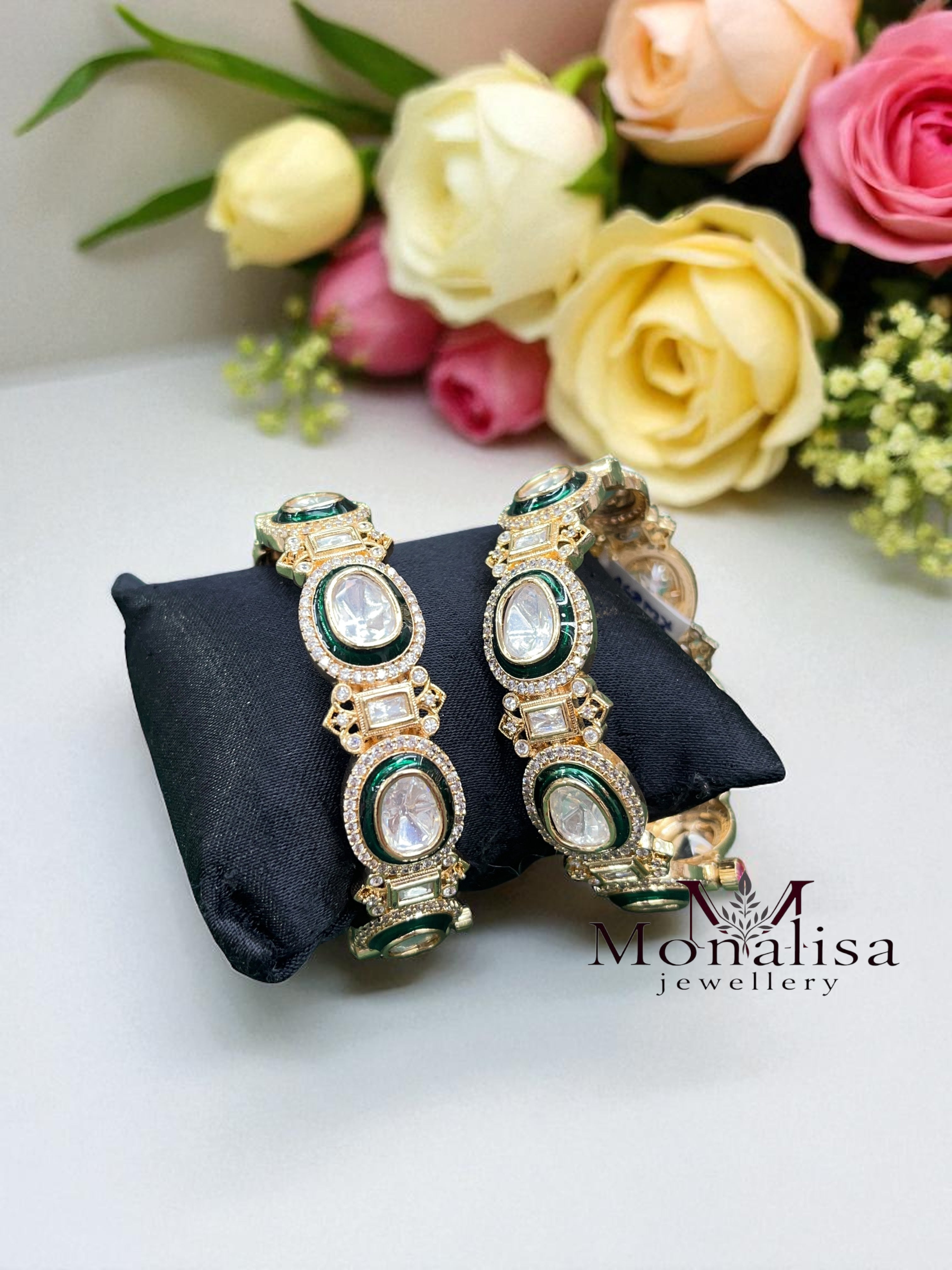 Emerald Green Polki Designer Bangles