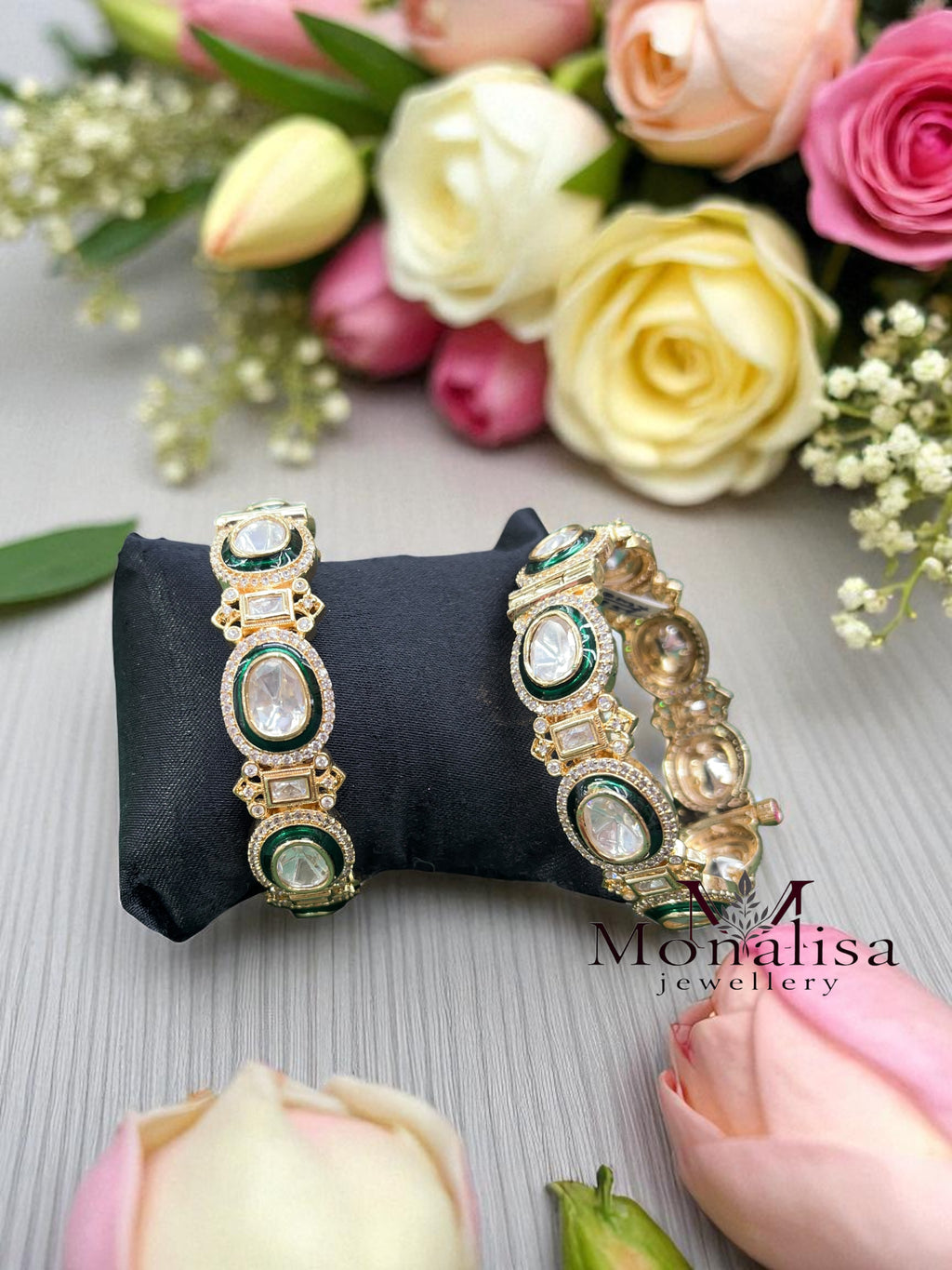 Emerald Green Polki Designer Bangles